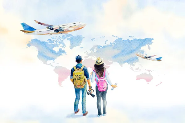 Światowy Dzień Turystyki Ilustracja Malarstwo Akwarela Azjatycka Para Plecakiem Będzie — Zdjęcie stockowe