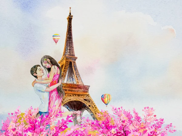 Азія Пара Подорожує Відпусткою Ейфелева Вежа Паризька Франція Повітряних Куль — стокове фото