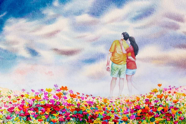 Watercolor painting landscape of love couple on daisy flowers gaden in blue sky and clouds, man and woman in love. Hand painted illustration beauty spring season.