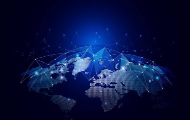 Gezegenin küresel sosyal ağ haritası. Karanlık arka planda dünya haritasıyla soyut yarım ton noktası. 3D çokgen ağ hattı, tasarım, küre, nokta. Soyut vektör illüstrasyonu