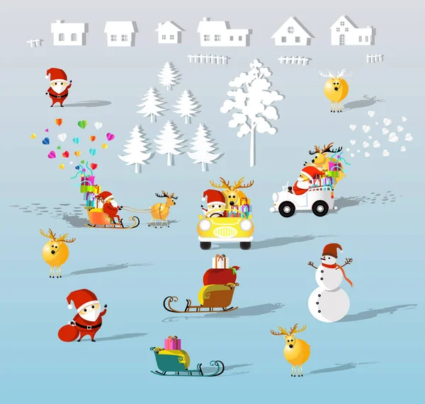 Cartone Animato Isolato Natale Babbo Natale Renne Pupazzo Neve Slittino — Vettoriale Stock