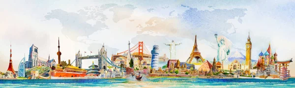 有名なランドマークの世界 ヨーロッパ アジア アメリカを旅行してください 世界地図の背景と水彩画の風景画イラスト ポスター ポストカードで人気のランドマーク ベクターイラスト — ストックベクタ