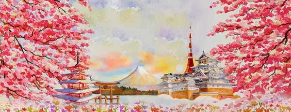 矢量插图画的是亚洲著名的日本水彩画旅游地标 富士山 具有春天背景的美丽建筑 旅游胜地商业城市 — 图库矢量图片