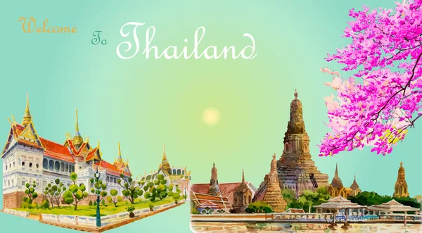 Reisen Populäre Wahrzeichen Architektur Thailand Tour Berühmte Sehenswürdigkeiten Denkmal Aquarell — Stockvektor