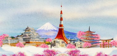 Suluboya resimler, popüler seyahat simgesi mimarisi, ünlü Tur simgeleri dünyası, El resmi Fuji arkaplanı, poster, kartpostal, Vector tarzı çizimler..