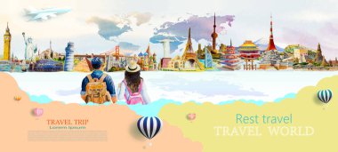 Resimler suluboya uluslararası simge broşür dünya seyahati popüler mimari metropol, ünlü simgeler dünya haritası arka planında suluboya resim, resim duvar kağıdı resimleme