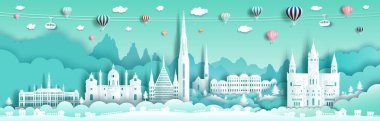 Avusturya 'nın tarihi mimarisi, yeşil arka planlı ünlü Avrupa kenti, balonlarla Viyana' da seyahat, kağıt kesimi tarzıyla popüler tarih başkenti, Vektör illüstrasyonu.