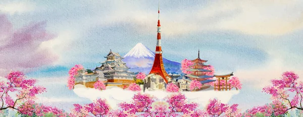 Aquarellmalerei Populäre Reise Wahrzeichen Architektur Japan Tour Berühmte Sehenswürdigkeiten Welt — Stockvektor