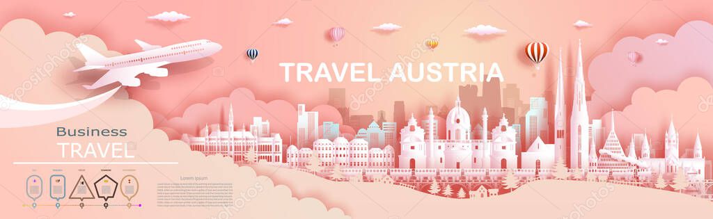 Travel company to Austria top world famous palace and castle architecture. Tour zurich, geneva, lucerne, interlaken, landmark of europe with paper cut. Business brochure design for advertising.
