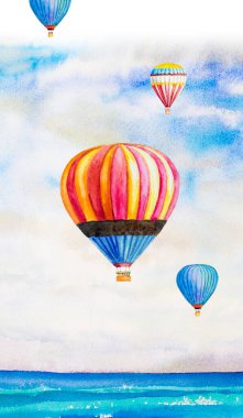 Mobil akıllı telefon, telefon kılıfı duvar kağıdı tasarımı. Şirin suluboya aile turistleri balonla uçar suluboya çizimler yaz mevsiminde, deniz dalgaları mavi ve gökyüzü arka planında.