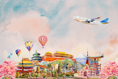 Dünyayı dolaşın ve ünlü işaretler bir araya toplansın. Suluboya resim çizimi, Asya ve uçağın simgesi, sıcak hava balonu gökyüzü arka planı, popüler turistik mekan.
