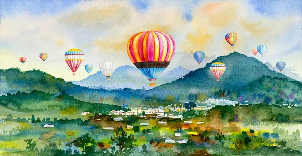Aquarela Paisagem Pintura Colorida Balonismo Aldeia Montanha Vista Panorama Emoção — Fotografia de Stock