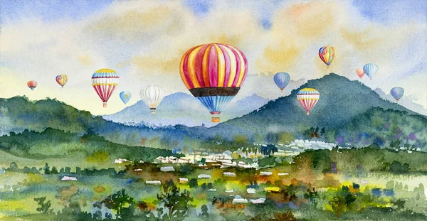 Suluboya manzara resimlerinde köye balon yağması, Panorama manzaralı dağ manzarası ve kırsal kesimde duygu, gökyüzü arka planında doğa. Asya 'da elle boyanmış yarı soyut çizimler.