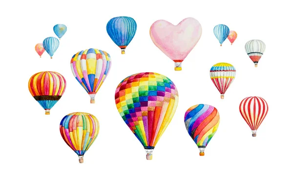 Watercolor Painting Isolated Colorful Set Hot Air Balloon White Background — Stock Photo, Image