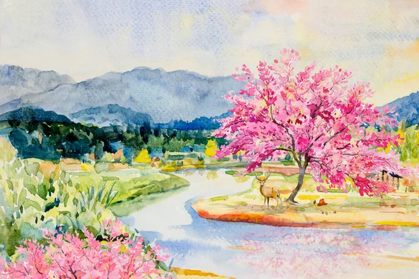 Watercolor landscape painting wild himalayan cherry riverside with deer and mountain forest sky background, in beauty nature spring season. Painted impressionist, illustration image