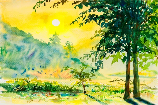 Watercolor Landscape Painting Colorful Mountain Emotion Sunrise Background Original Painting — Stock Photo, Image