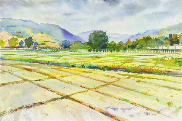 Watercolor landscape painting cornfield and mountain of emotion in cloud background .Original painting