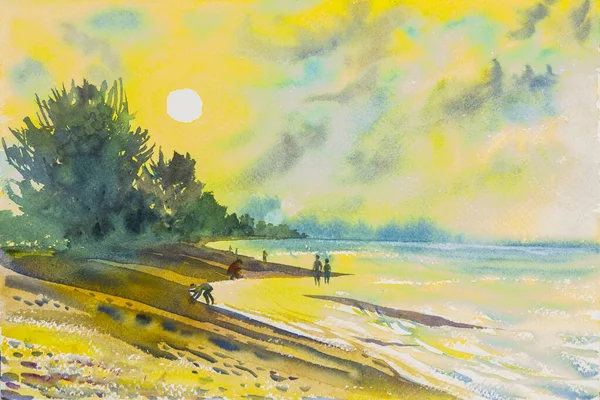 水彩画原初的海景 色彩艳丽的海滩和落日背景下的情调 — 图库照片