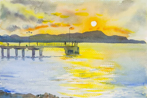 Akvarell Ursprungliga Havsbild Målning Solnedgång Färgglada Berg Och Känslor Orange — Stockfoto