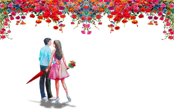 水彩画男性と女性の愛好家は美しい赤いバラと感情の白い背景の真ん中にあります 彩色図 — ストック写真