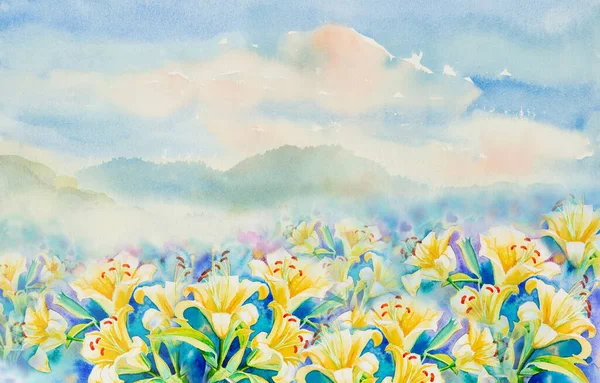 Aquarell Original Landschaftsmalerei Fantasie Bunt Von Schönheit Strauß Lilienblüten Oder — Stockfoto