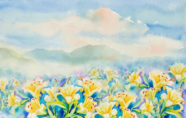 Watercolor original landscape painting imagination colorful of beauty bouquet lilly flowers or write a greeting congratulation and sky mountain background. Painted illustration
