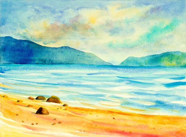 水彩画原色的海景 色彩艳丽的海景 海滩和天空的云彩 晨曦明亮 手绘插图自然美景 — 图库照片