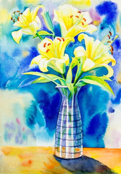 Acuarela Original Paisaje Pintura Imaginación Colorido Flores Lilly Ramo Belleza — Foto de Stock