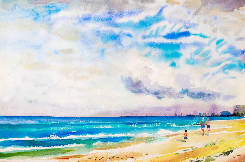 Painting watercolor seascape colorful of jogging in the morning, family vacation and tourism in summery, sea wave blue,sailboat with sky,cloud background. Hand painted illustration.