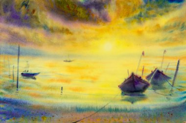 Suluboya deniz manzarası. Güneşli bir gecede balıkçı teknesinin orijinal resmi. Gün ışığında duygu, sarı deniz ve gökyüzü, bulut arkaplan. Resim, doğa, güzel yaz.