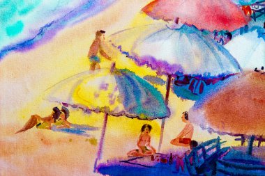 Aşıklarla dolu suluboya deniz boyası, yaz tatilleri ve turizm, deniz dalgası mavisi arka plan. Resimli Empresyonist, soyut resim çizimi