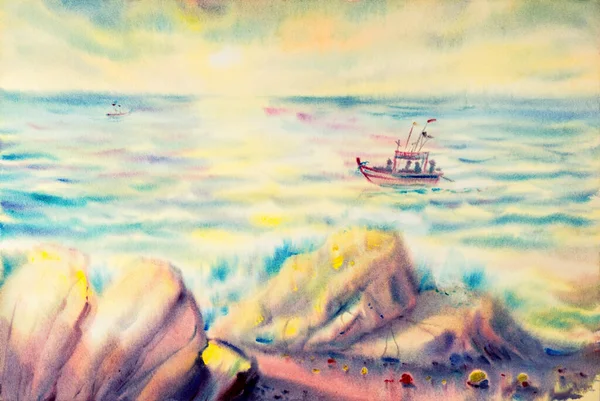 Acuarela Paisaje Marino Pintura Original Colorido Pescador Barco Pesca Noche — Foto de Stock