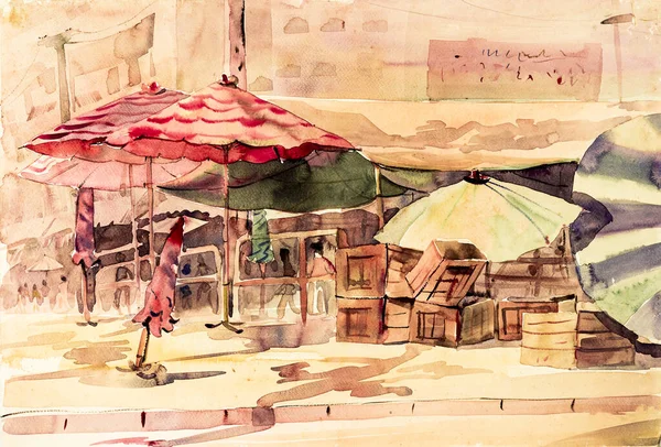 Watercolor Painting Original Colorful Market Town Changmai Inthailand Morning Emotion — Stock Photo, Image