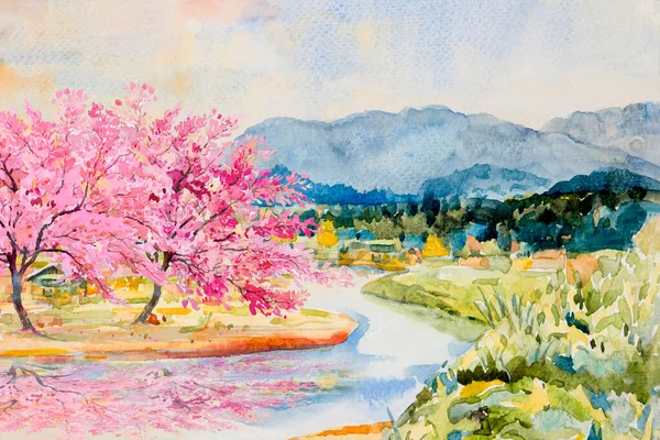 Watercolor landscape painting wild himalayan cherry riverside and mountain forest with sky background, in beauty nature spring season. Painted impressionist, illustration image