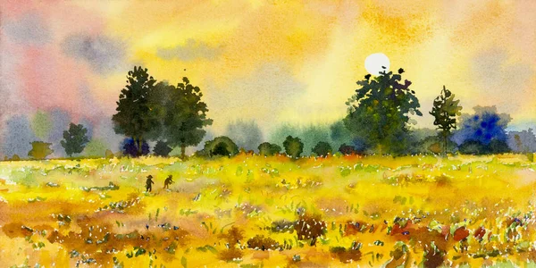 水彩画全景色彩斑斓的自然美景 野地树木和农林与黄昏 秋天的天空云彩背景 印象派绘画 插图形象 — 图库照片