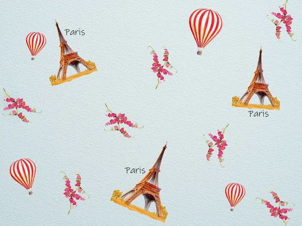 Eiffeltoren Parijs Frankrijk Met Heteluchtballon Bloem Van Kerstmis Nieuwjaar Aquarel — Stockfoto