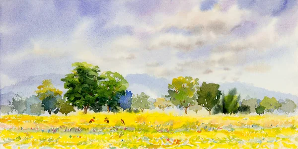 Akwarela Krajobraz Malarstwo Panorama Kolorowe Naturalne Piękno Ricefield Drzew Lasów — Zdjęcie stockowe