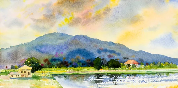 Malarstwo Krajobraz Akwarela Kolorowe Góry Rodziny Pola Kukurydzy Gospodarstwa Panorama — Zdjęcie stockowe