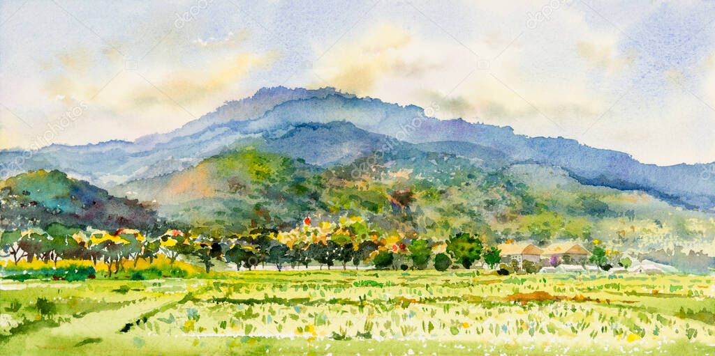 Watercolor landscape painting colorful of mountain range with farm cornfield in Panorama view and emotion rural society, nature beauty skyline background. Hand painted abstract illustration in Asia.