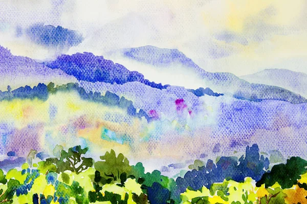 Pintura Acuarela Original Paisaje Colorido Niebla Árboles Montaña Mañana Belleza —  Fotos de Stock