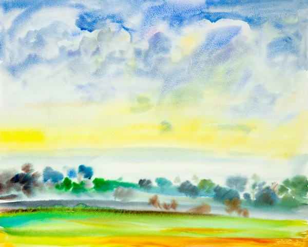 Peinture Abstraite Aquarelle Paysage Sur Papier Coloré Vue Sur Jardin — Photo