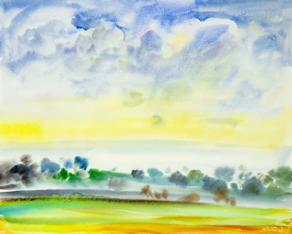 Abstract watercolor painting landscape on paper colorful of garden view on hill mountain in the beauty spring season blue sky cloud background. Painted Impressionist, illustration image.