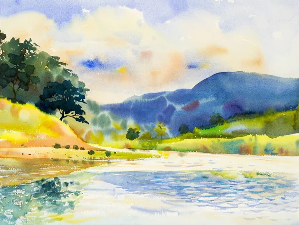 Aquarelle Paysage Peinture Originale Colorée Rivière Forêt Montagne Avec Fond — Photo