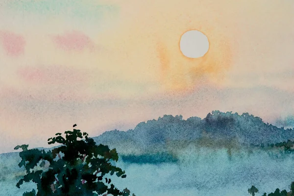 Akvarell Táj Festészet Színes Hegy Természetes Szépség Fák Erdő Napnyugta — Stock Fotó