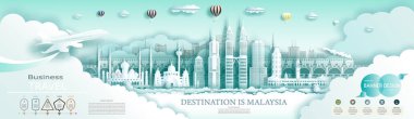 Dünyanın en ünlü şehri Malezya 'nın tarihi ve modern mimarisi. Infographicli modern iş broşürü tasarımı. Asya 'nın popüler ufuk çizgisine sahip Malezya şehirleri..