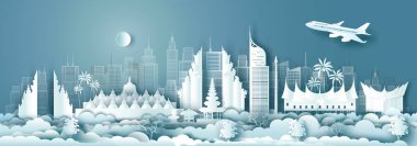 Jakarta 'nın ünlü kenti Asya' da bulunan Endonezya 'da mavi arka planda balonlar ve sıcak hava ile seyahat eden mimari simgeleri. Kağıt origami ile panoramik popüler sermaye ile Malezya turu, Vektör illüstrasyonu.