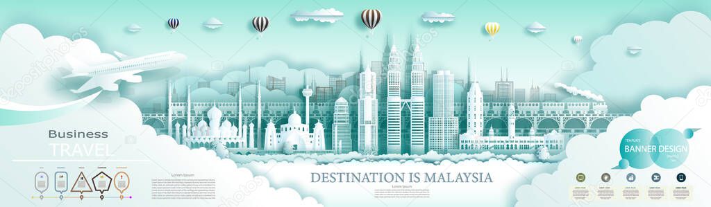 Travel landmark Malaysia top world famous city ancient and modern architecture. Modern business brochure design for advertising with infographics.Tour Malaysia landmarks of Asia with popular skyline.