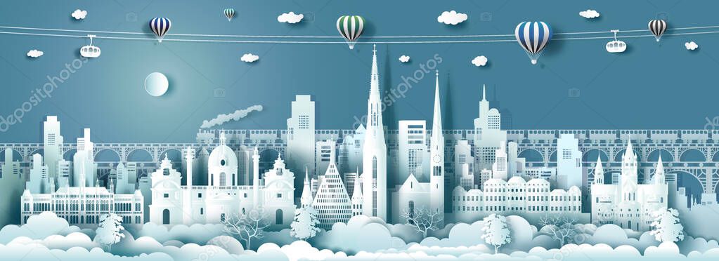 Travel architecture Austria landmarks in vienna famous city of Europe on blue background with cable car, balloons, hot air. Tour salzburg with panoramic popular capital by paper origami. Vector art.