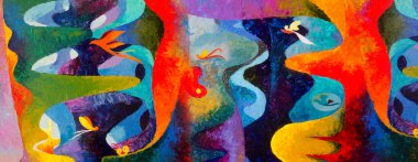 Painting abstract art original oil and acrylic color on canvas, Abstract bird flying in  forest imagination,Contemporary art, Fine art, Painted surface, Illustration oil paintings background.