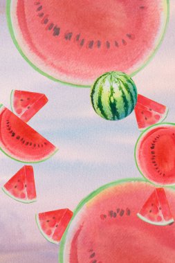 Meyve yaz karpuz koleksiyonu, el çizimi suluboya resimler, yaz partisi için desen posterli duvar kağıdı resimli resimler, kitap kapağı tanıtım afişi ve metin.